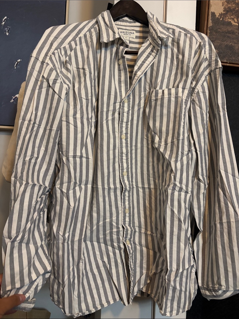 Arizona Jean Company Men's Vertical Stripe Button-Down Shirt in White and Gray